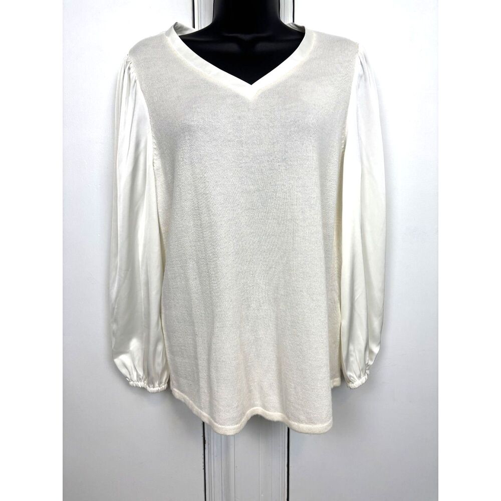 Chico's womens cream mixed media v-neck sweater 1